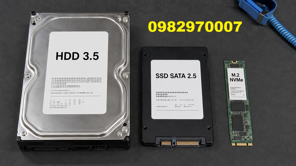 Ảnh cận tem ổ HDD, SSD SATA và SSD M.2 NVMe