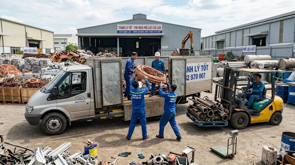 Ảnh chụp cảnh hoạt động tại bãi phế liệu của Thanh Lý Tốt ở Khu công nghiệp Vĩnh Lộc, Bình Chánh