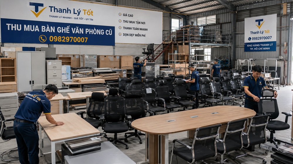 Ảnh kho hàng thu mua thanh lý đồ văn phòng cũ của Thanh Lý Tốt tại TPHCM