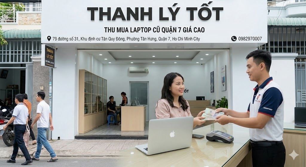 Nhân viên Thanh Lý Tốt trao tiền mặt cho khách hàng tại cửa hàng số 79 đường số 31 Tân Quy Đông, Quận 7, TP.HCM.
