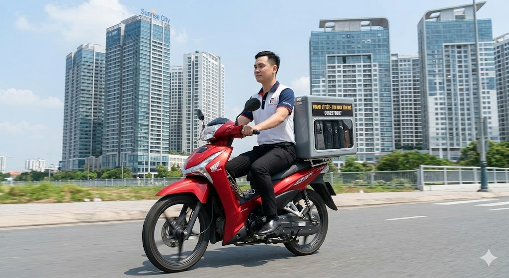 Dịch vụ thu mua laptop cũ Quận 7 tận nơi: Nhân viên Thanh Lý Tốt di chuyển nhanh chóng trong khu dân cư.