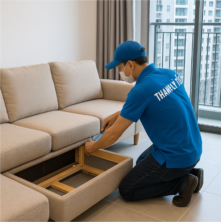 Hình ảnh nhân viên đang tháo lắp sofa tại chung cư ở Cần Thơ