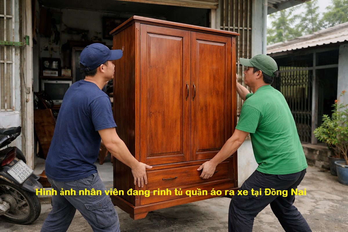 Hình ảnh nhân viên đang rinh tủ quần áo gỗ ra xe tại Đống Nai