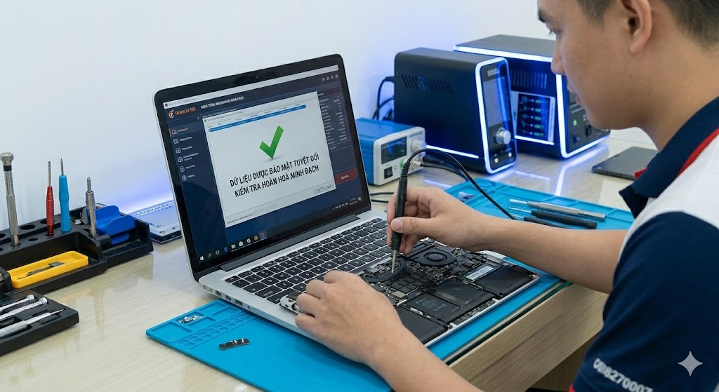 Kỹ thuật viên Thanh Lý Tốt kiểm tra chuyên sâu laptop, cam kết minh bạch và bảo mật dữ liệu tuyệt đối trước khi thu mua tại Quận 7.