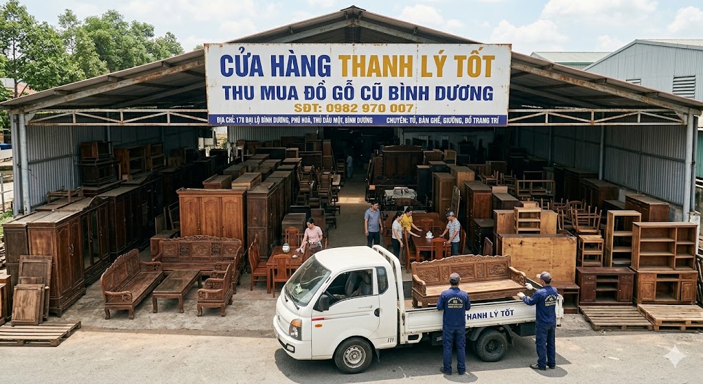 Hình ảnh kho hàng thực tế đồ gỗ cũ tại Bình Dương của Thanh Lý Tốt