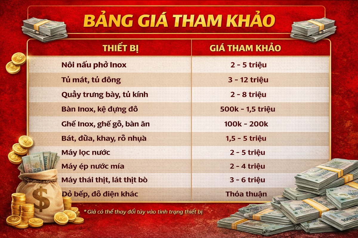 Ảnh bảng giá thu mua đồ quán phở tham khảo tại Thanh Lý Tốt