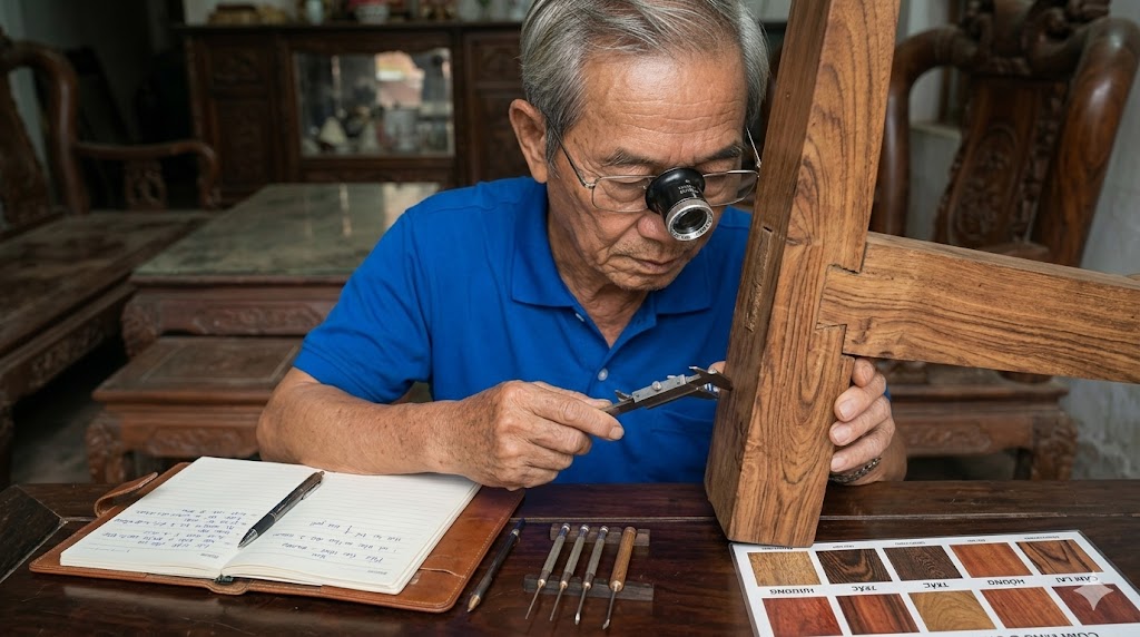 Chuyên gia thẩm định gỗ trước khi thu mua tại Đồng Nai