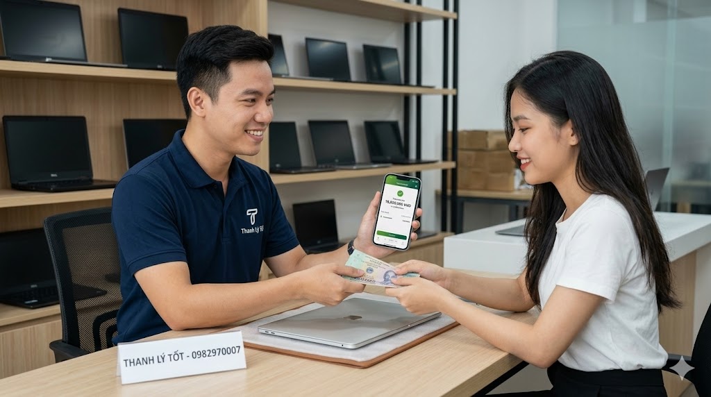 Ảnh khách hàng bán laptop và nhận tiến tại cửa hàng
