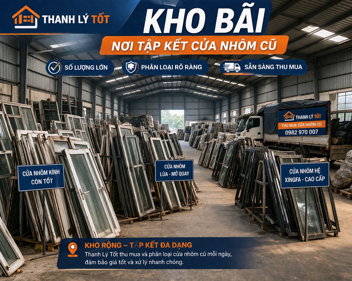 Ảnh kho hàng thực tế thu mua cửa nhôm cũ tại Thanh Lý Tốt