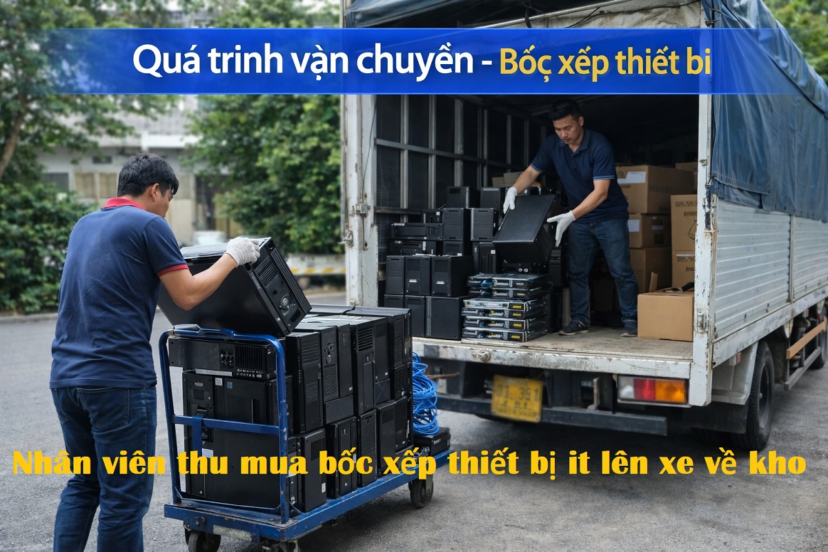Ảnh nhân viên thu mua đang vân chuyển thiết bị IT lên xe vầ kho