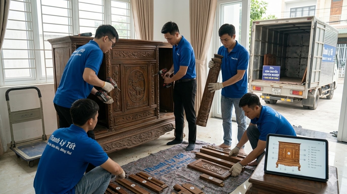 Hình ảnh nhân viên thu mua đồ nội thất gỗ tại nhà khách hàng