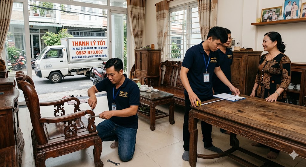 Hình ảnh nhân viên thu mua đồ gỗ cũ tận nơi tại nhà khách hàng