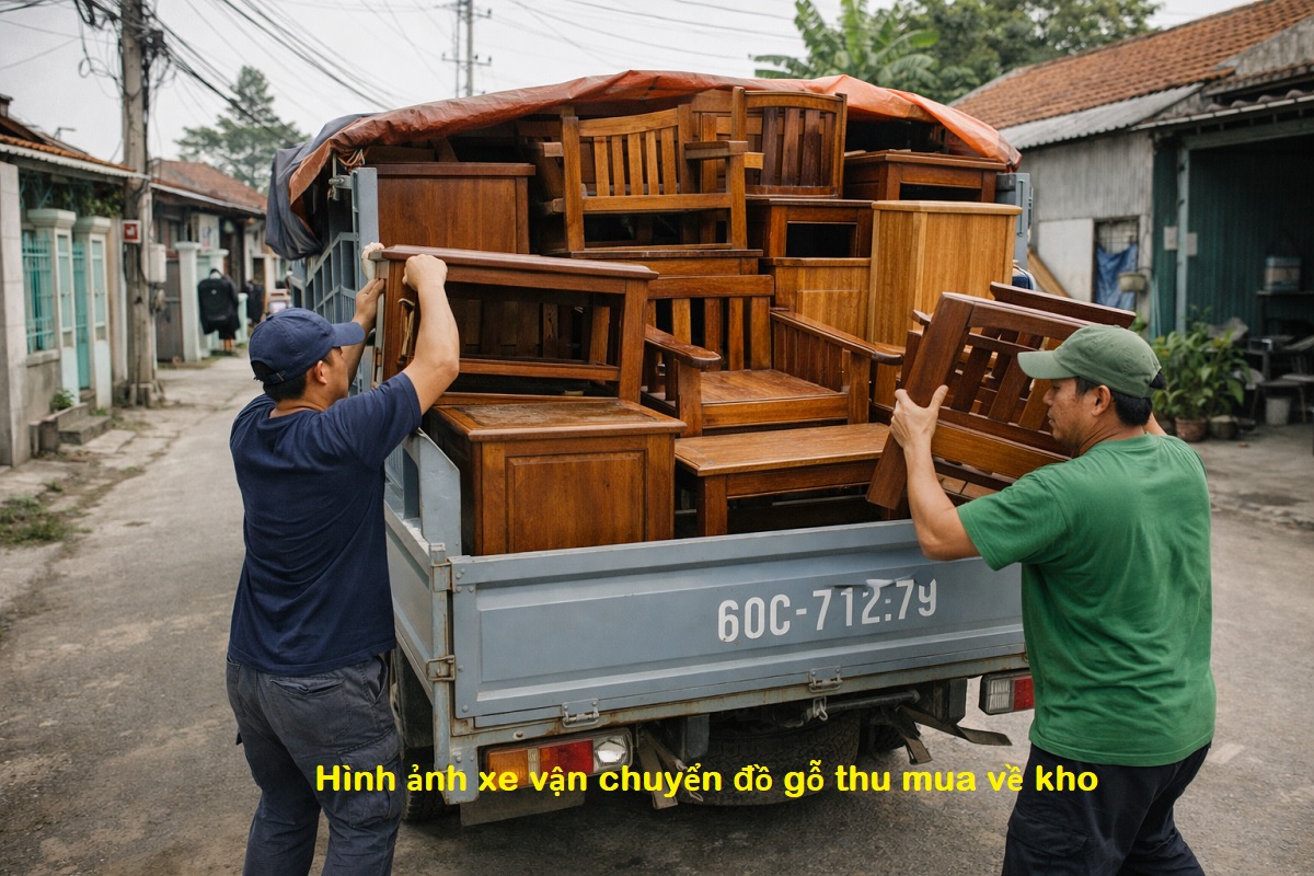 Hình ảnh thực tế xe chở đồ gỗ về kho sau kho thu mua tại Đồng Nai