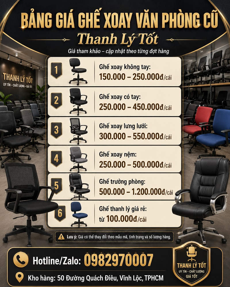 bảng giá ghế xoay văn phòng thanh lý TPHCM