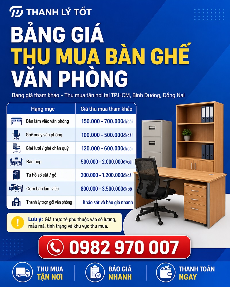 Ảnh bảng báo giá thu mua bàn ghế văn phòng tham khảo