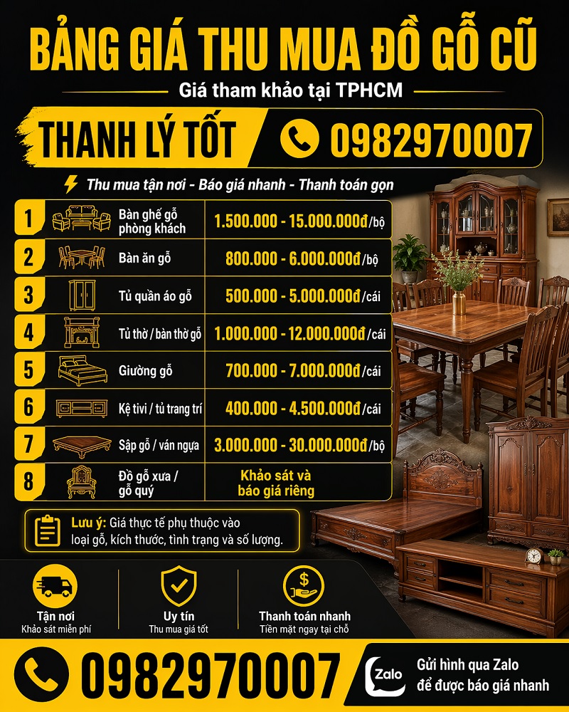 Đây là ảnh bảng giá thu mua đồ gỗ cũ tham khảo tại Thanh Lý Tốt