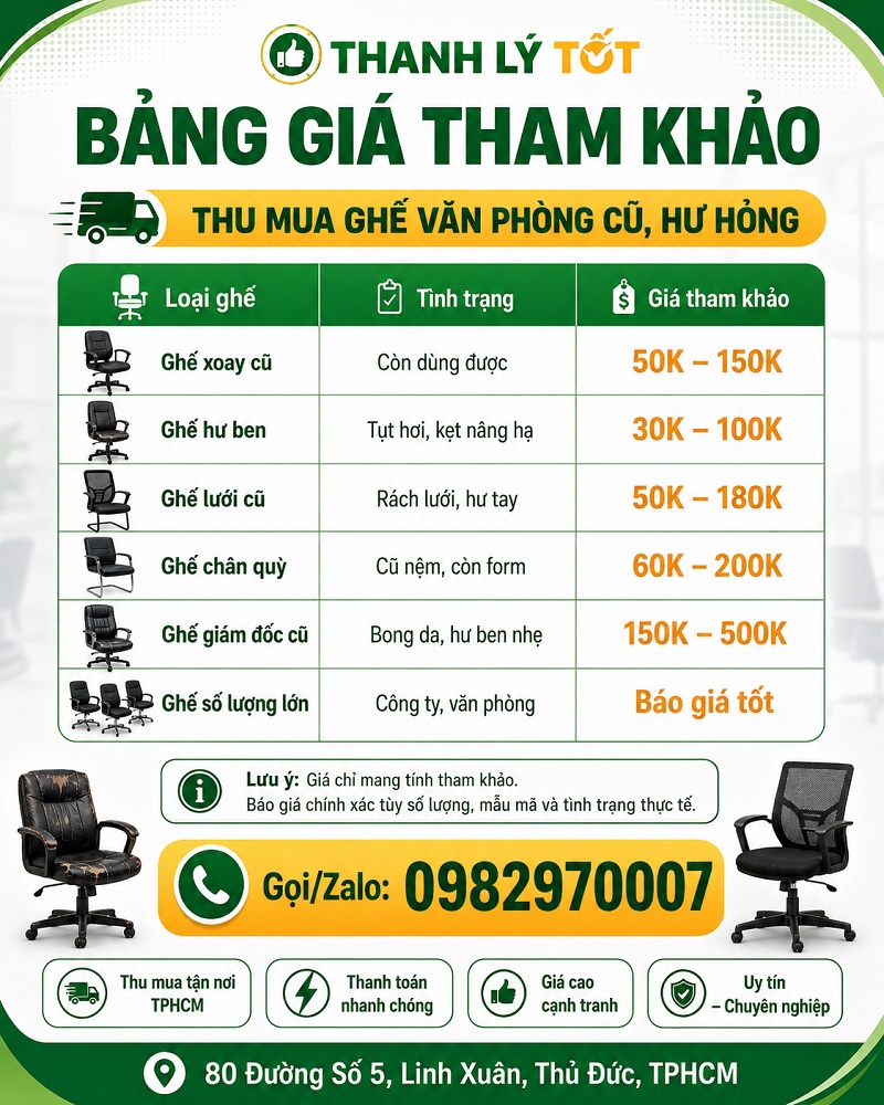 Bảng giá tham khảo thu mua ghế văn phòng cũ, ghế hư ben, ghế rách da