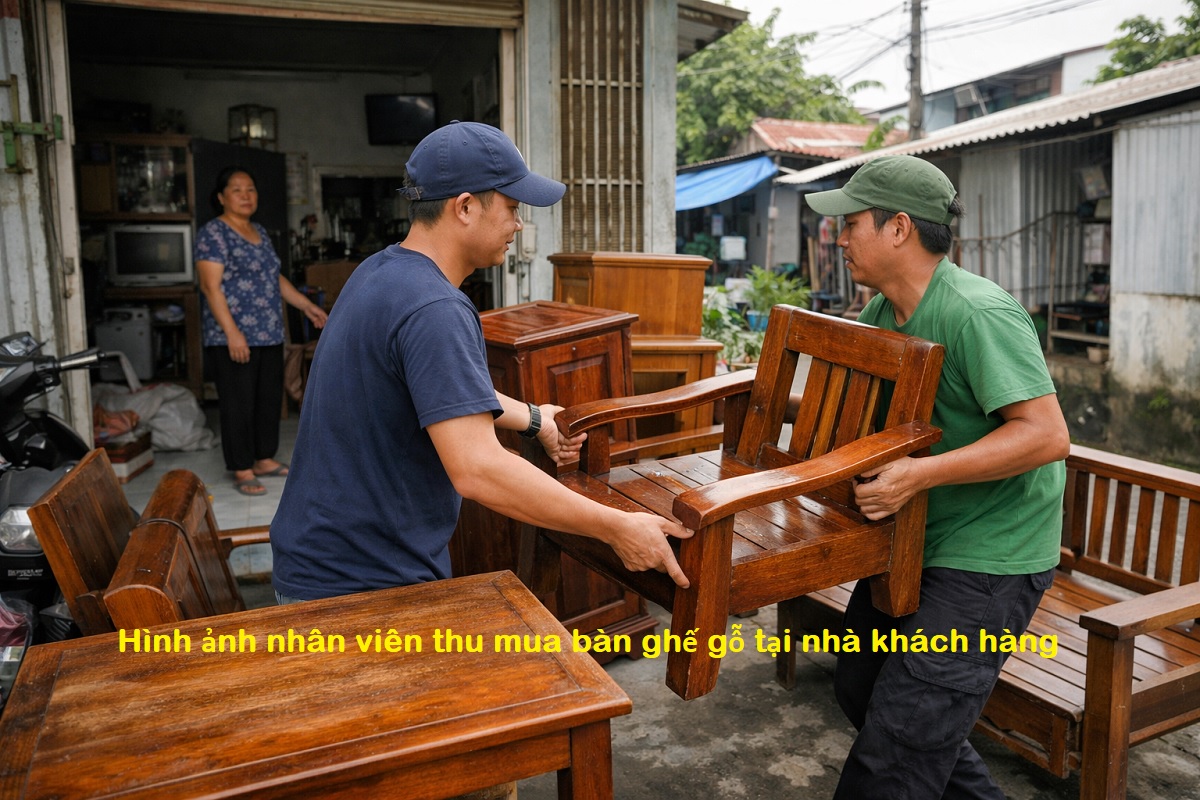 Hình ảnh nhân viên thu mua bộ bàn ghế gỗ tại nhà khách hàng