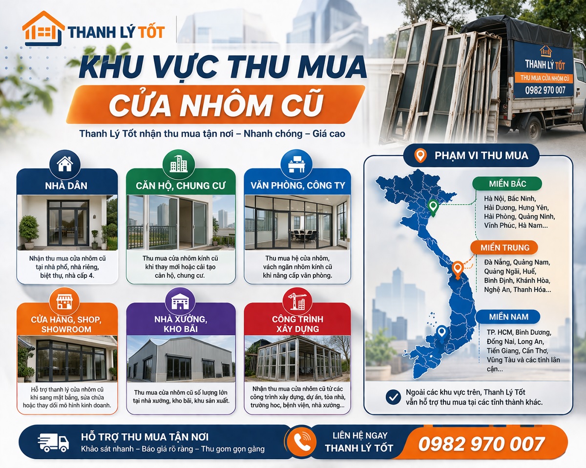 Khu vực Thanh Lý Tốt nhận thu mua cửa nhôm cũ tại nhà dân văn phòng cửa hàng và công trình