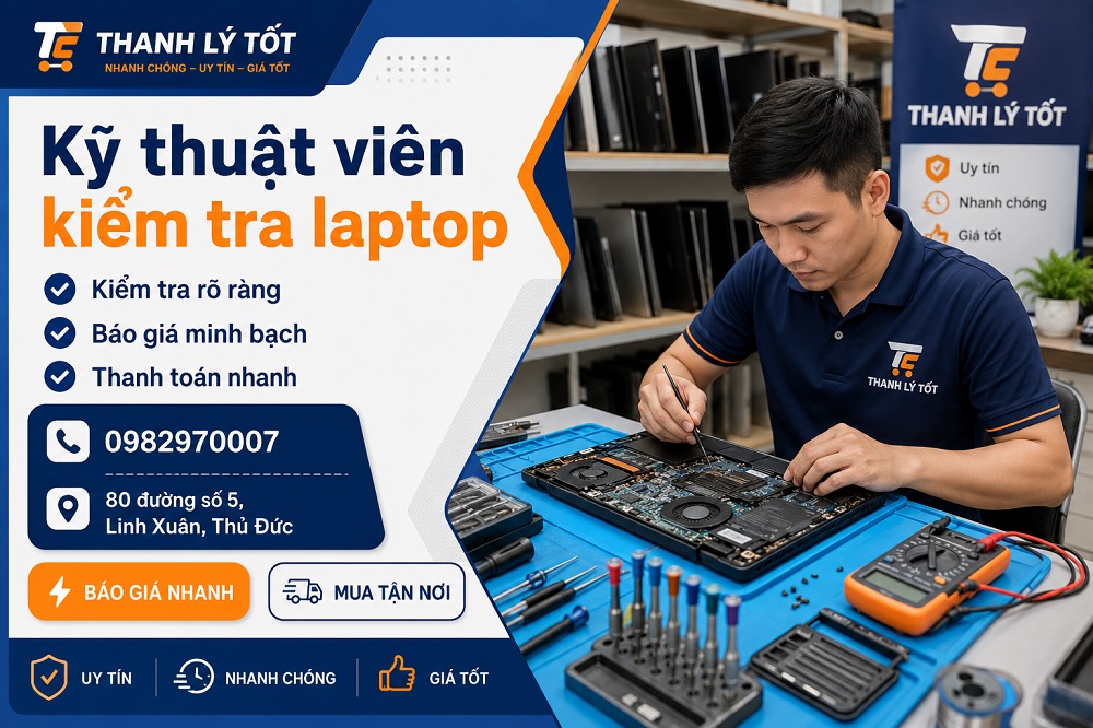 Kỹ thuật viên kiểm tra laptop cũ hỏng trước khi thu mua
