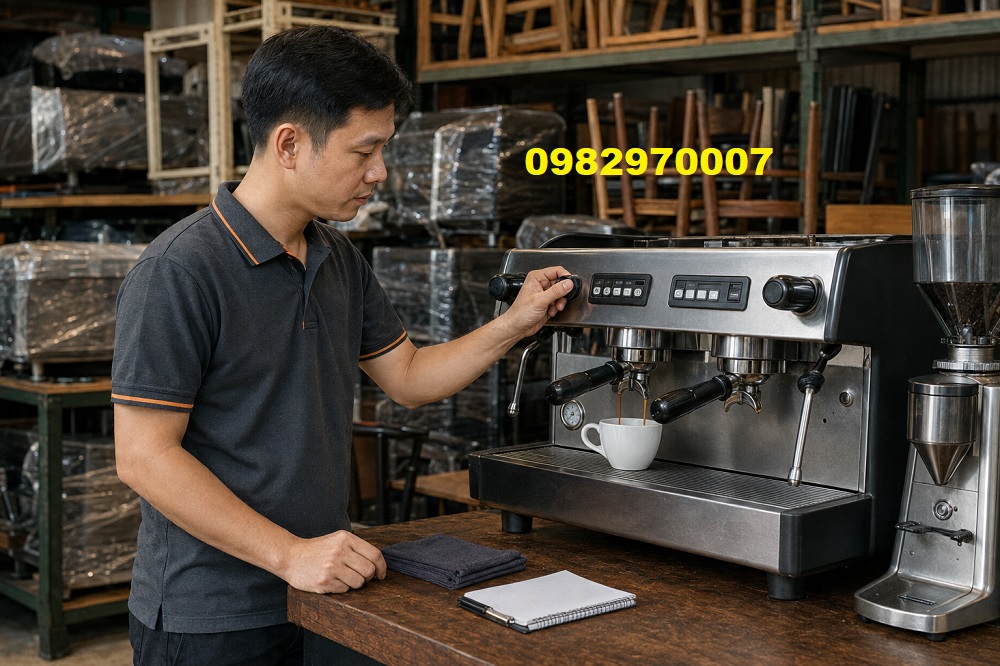 Nhân viên chạy thử máy pha cafe cũ trước khi bán