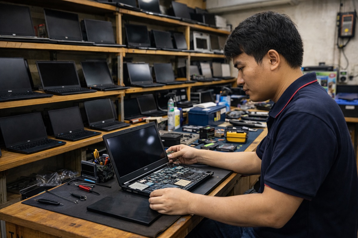 nhân viên kiểm tra laptop cũ trước khi thu mua
