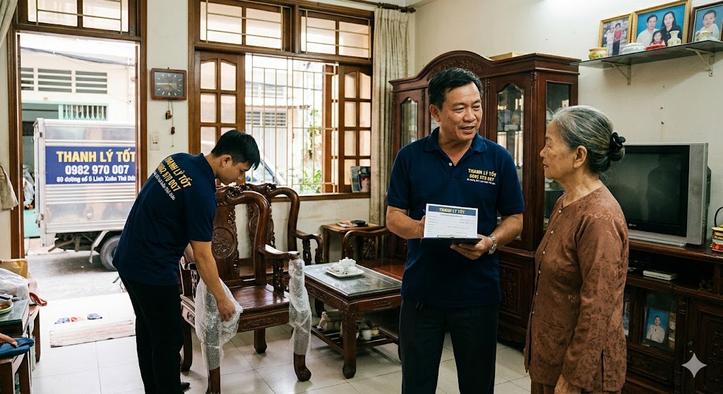 Hình ảnh nhân viên thu mua đồ gỗ tại nhà khách hàng