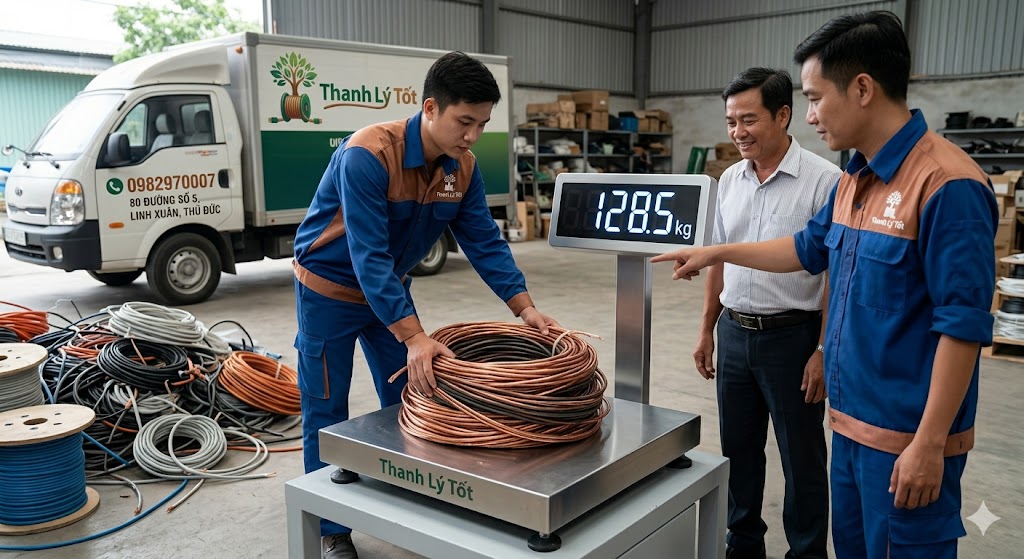 Nhân viên Thanh Lý Tốt mặc đồng phục đang cân dây cáp mạng lõi đồng nguyên chất trên cân điện tử hiện đại, đảm bảo minh bạch, tại kho Thủ Đức