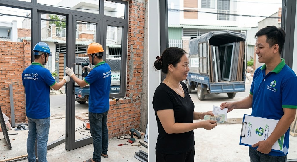 Thợ của Thanh Lý Tốt đang tháo dỡ cửa nhôm Xingfa cũ an toàn tại công trình nhà phố