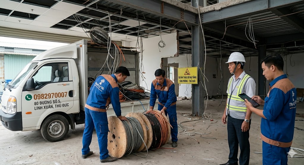 Nhân viên Thanh Lý Tốt mặc đồng phục đang cuộn cáp mạng cũ Cat6/Cat7 từ trần nhà đang tháo dỡ của một dự án văn phòng lớn tại Thủ Đức