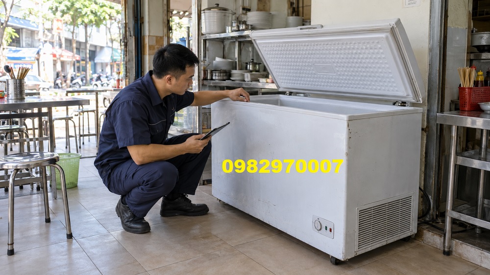 Nhân viên Thanh Lý Tốt kiểm tra tủ đông cũ tại TP.HCM