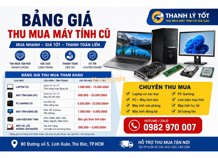 Bảng giá thu mua máy tính cũ TPHCM 2026 – Xem trước để khỏi bán hớ