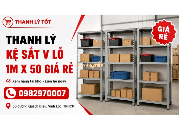 Thanh Lý Kệ Sắt V Lỗ 1m x 50 Giá Rẻ, Bền Chắc, Mới 90%